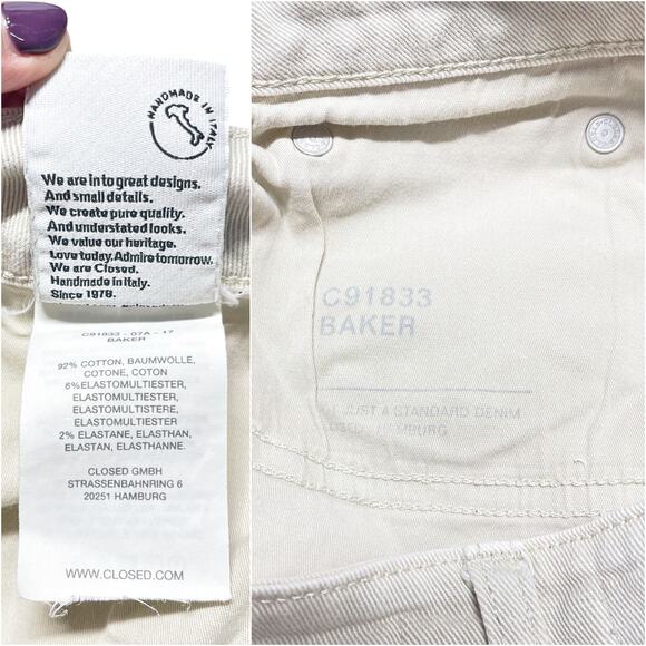 CLOSED Baker Mid-Rise Slim Ankle Jeans in Light Beige/Cream Size 29 - Picture 9 of 10